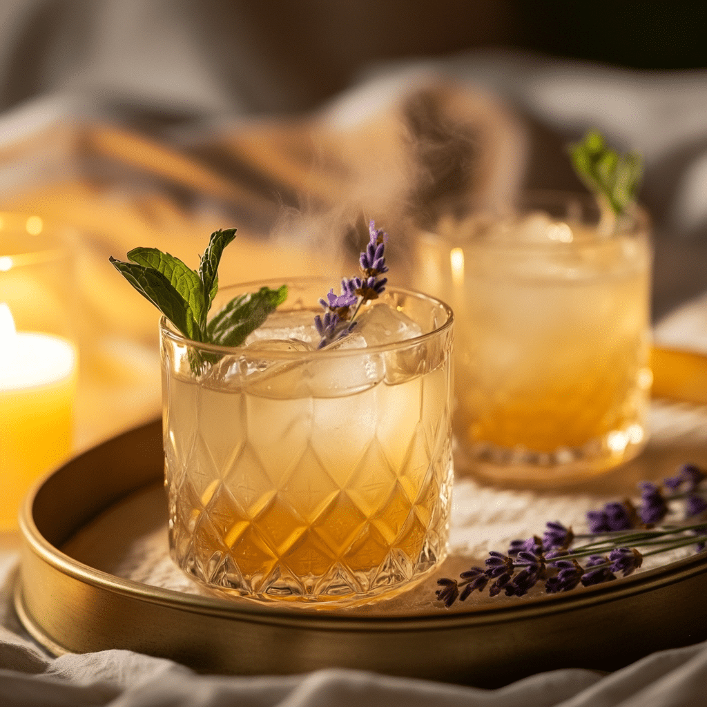 Sleepy Girl Mocktail serving Sleepy Girl Mocktail served with garnish on a night tray