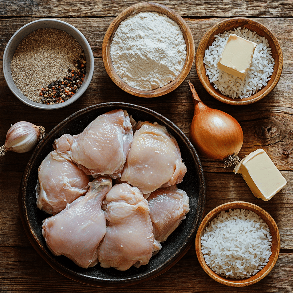 Ingredients for smothered chicken and rice on a wooden table