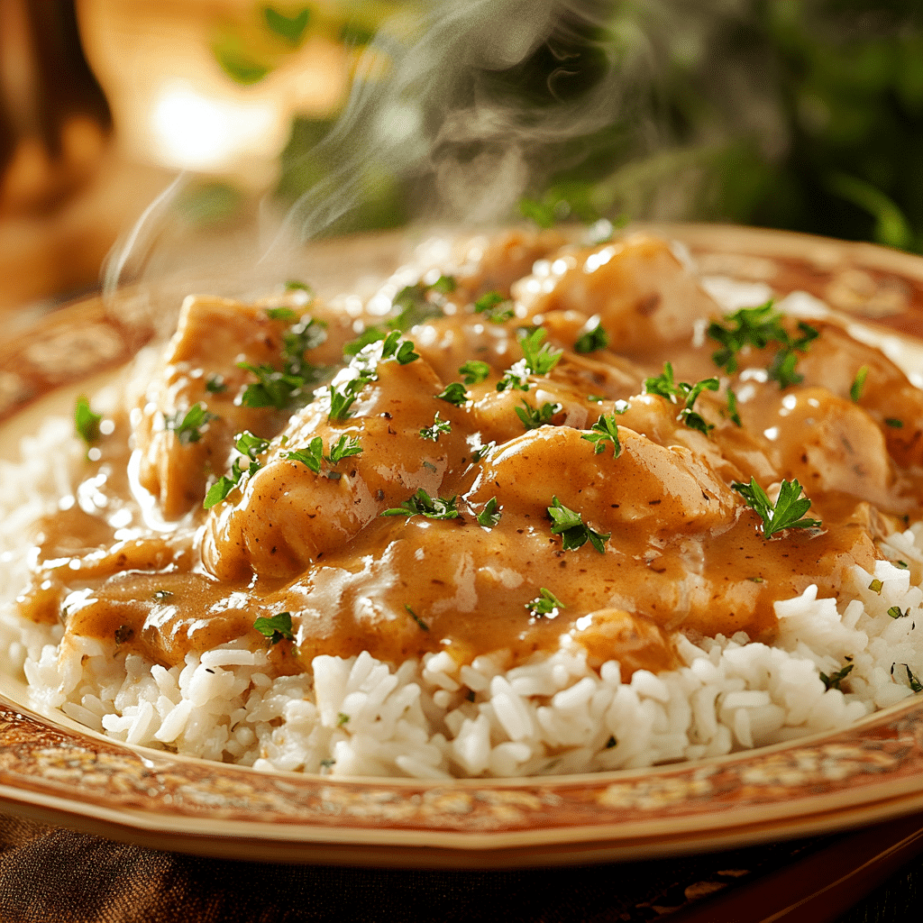 Smothered chicken and rice served warm with garnish