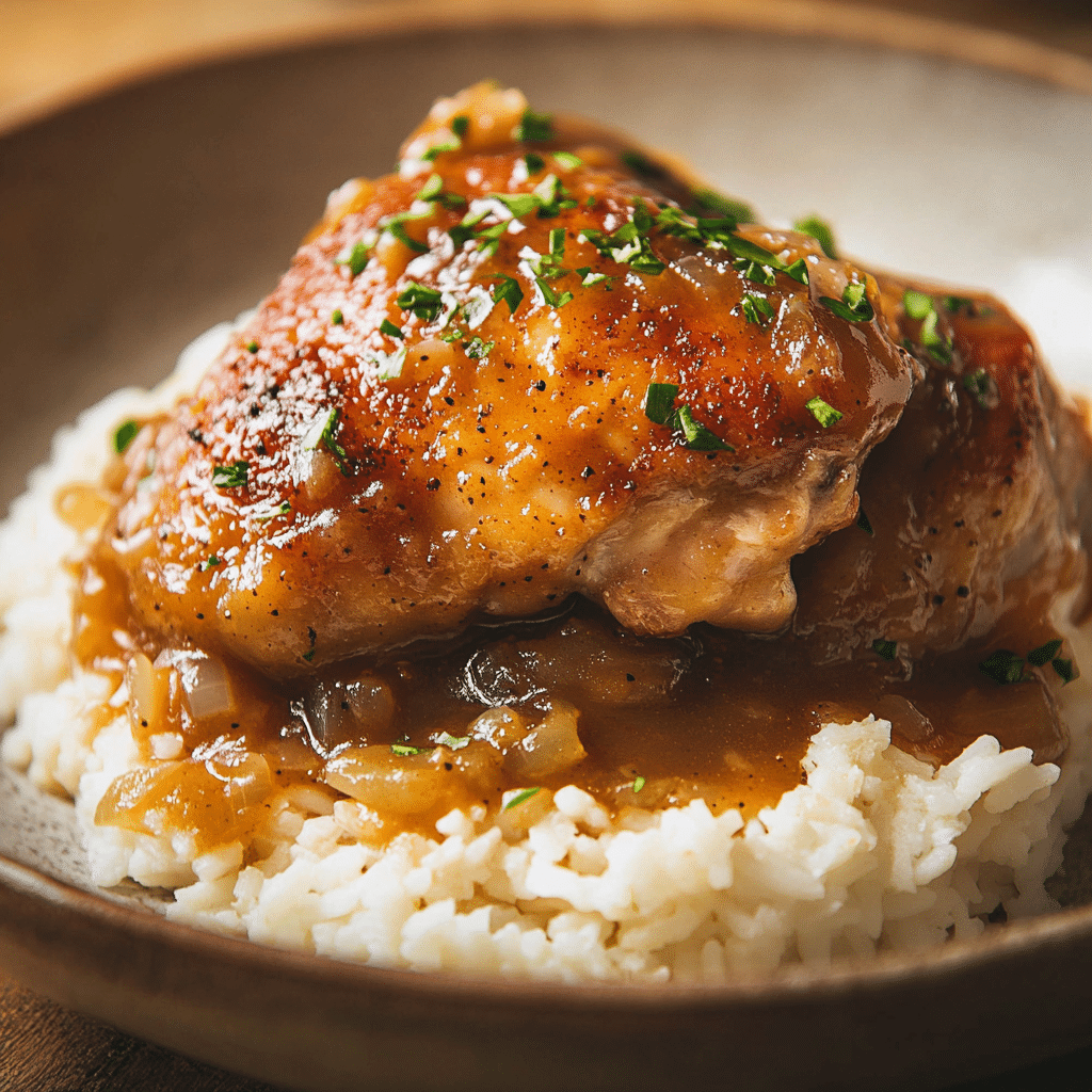 Smothered chicken thighs over rice with rich gravy