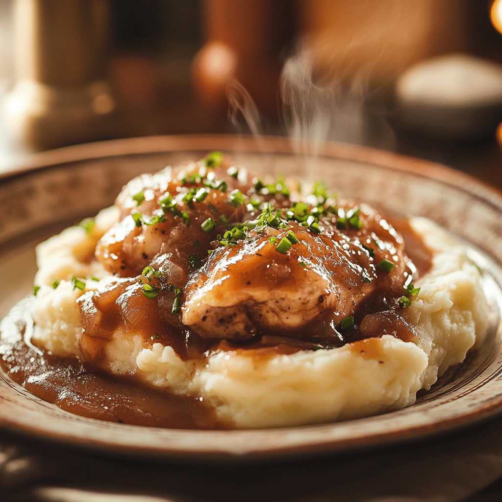 Smothered Chicken – Serving Smothered chicken and gravy served over mashed potatoes