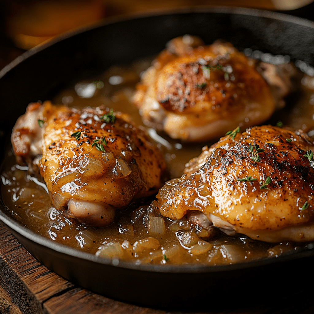 Golden smothered chicken in rich gravy, served rustic-style