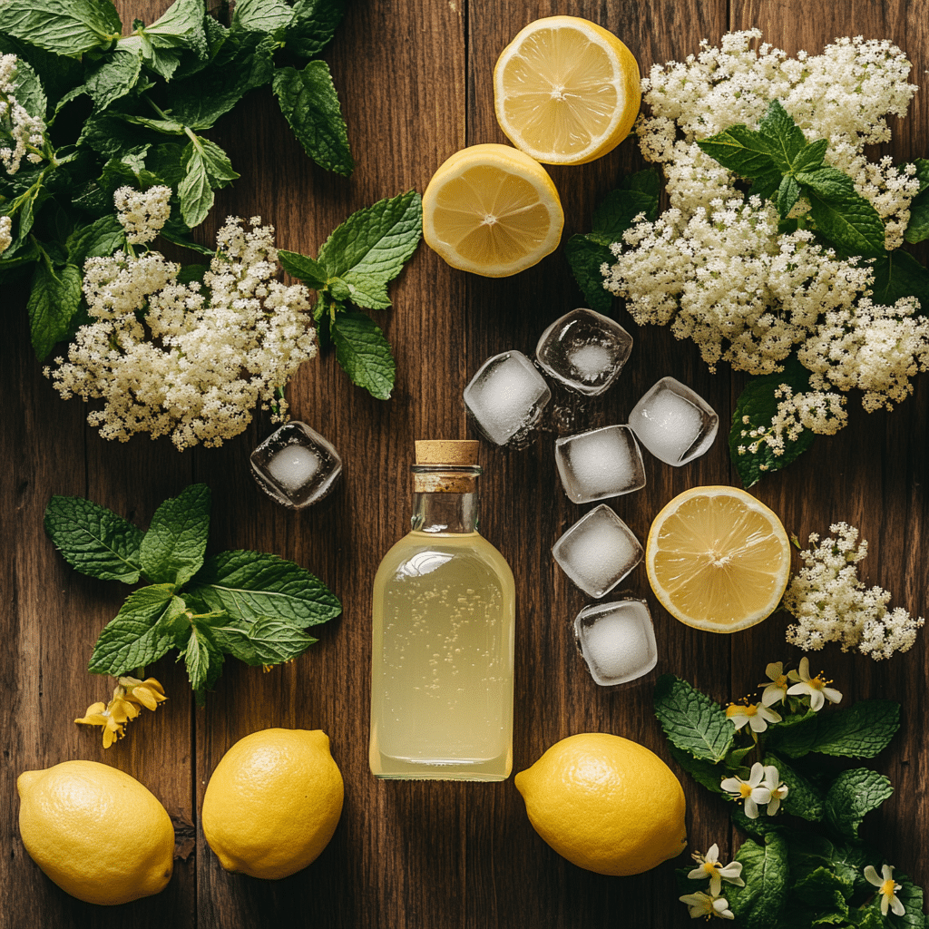 Sparkling Elderflower Lemonade Ingredients Top view of elderflower cordial, lemons, sparkling water, mint, and ice cubes on a wooden surface.