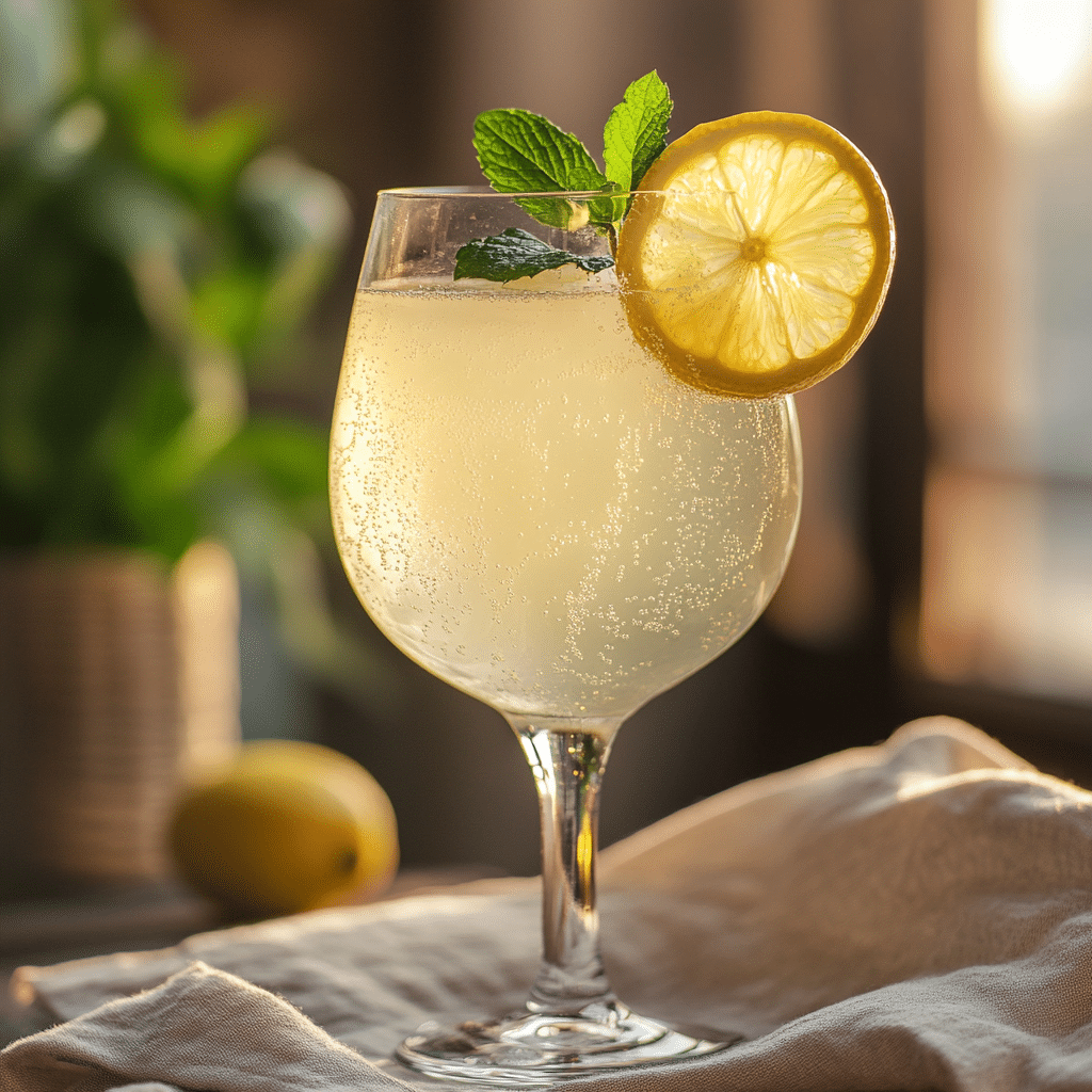Sparkling Elderflower Lemonade – Served Sparkling elderflower lemonade in a vintage glass with lemon and mint on a napkin.