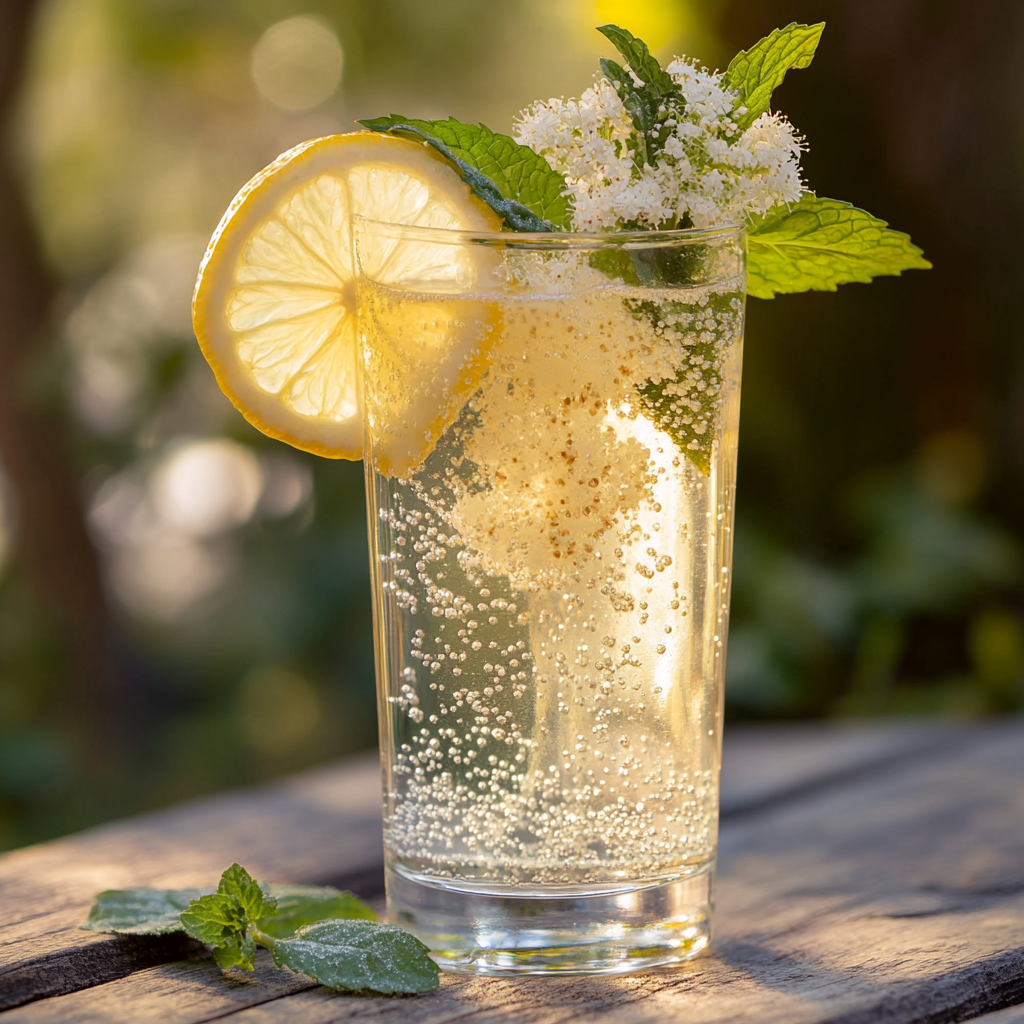 A glass of sparkling elderflower lemonade with bubbles, lemon slice, and mint sprig on a rustic wooden table.