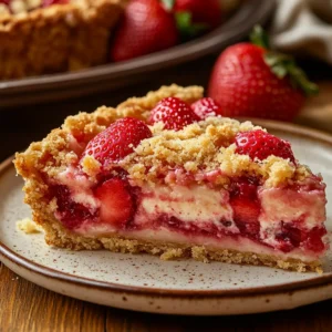 A slice of Strawberry Cream Cheese Dump Cake on a ceramic plate.