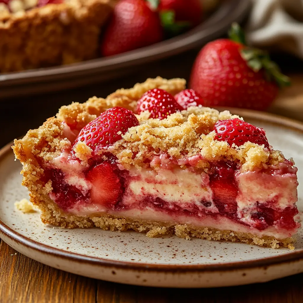 Strawberry Cream Cheese Dump Cake A slice of Strawberry Cream Cheese Dump Cake on a ceramic plate.
