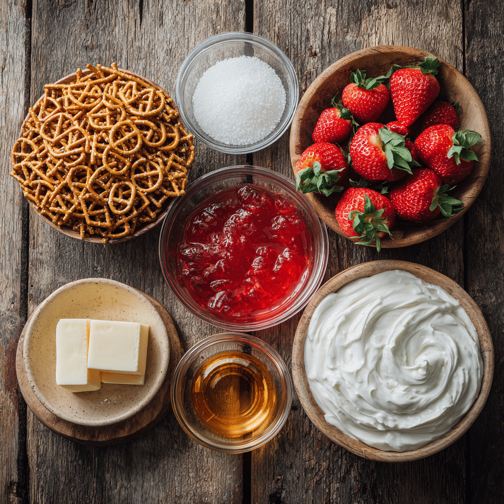 Strawberry Pretzel Salad Ingredients Flat lay of strawberry pretzel salad ingredients