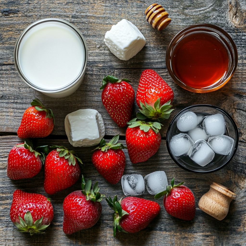 Ingredients laid out for a strawberry yogurt smoothie