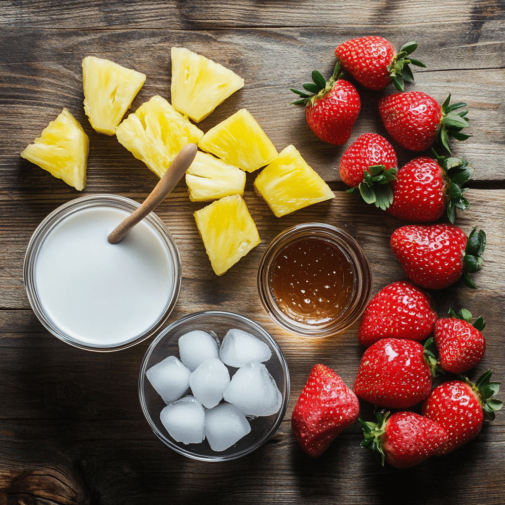 Ingredients for strawberry and pineapple smoothie arranged on rustic wood.