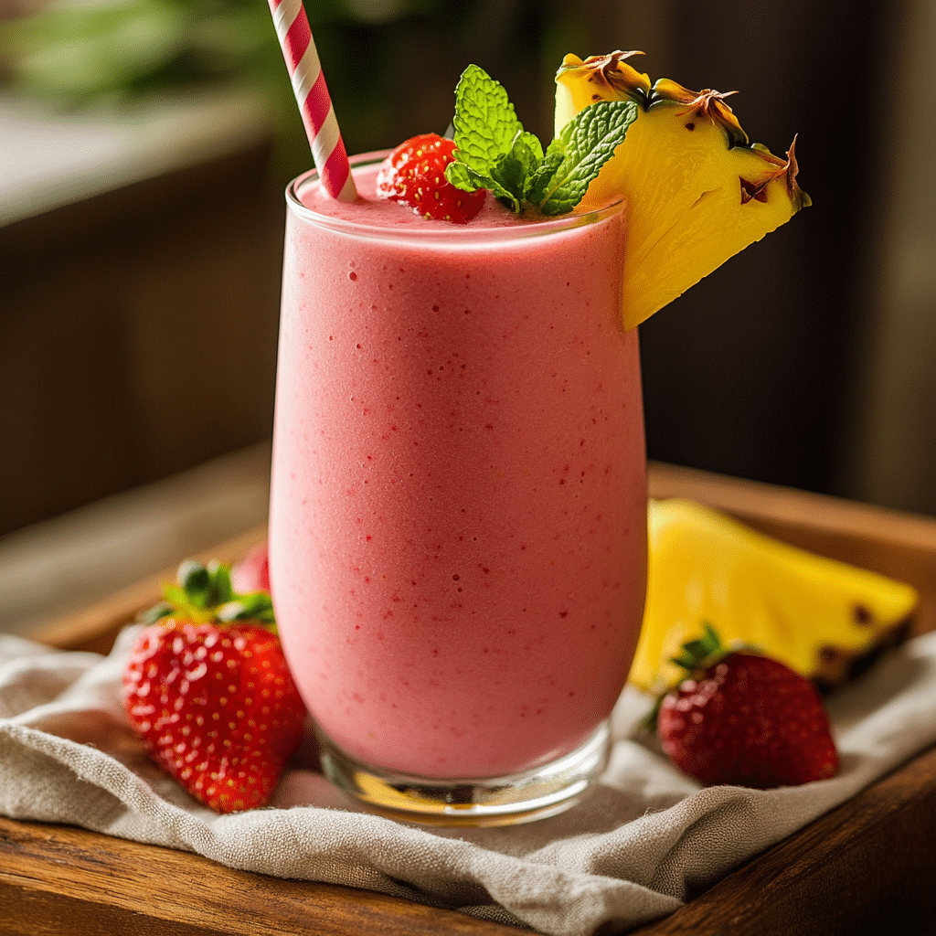 Creamy smoothie in a short glass with fruit garnish and straw on a rustic tray.