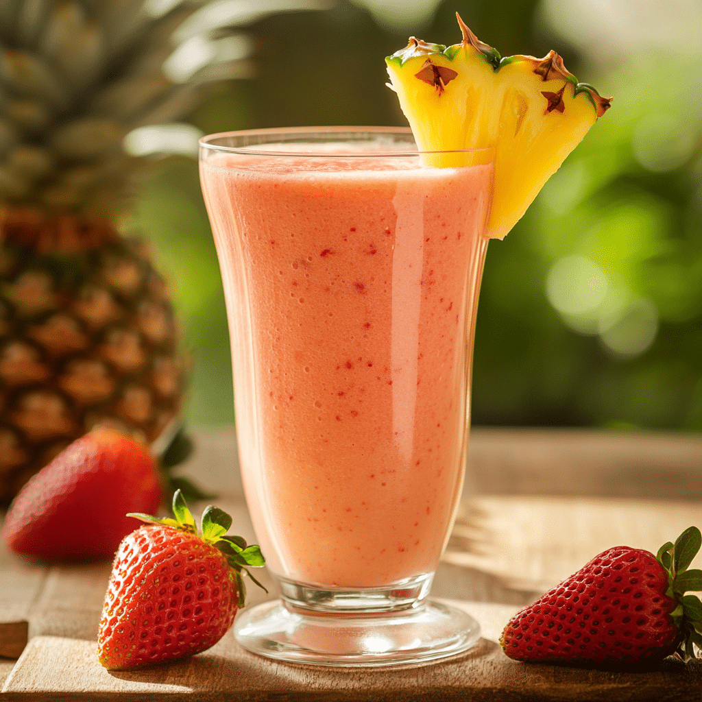 Glass of strawberry and pineapple smoothie with fresh fruit garnish in warm light.