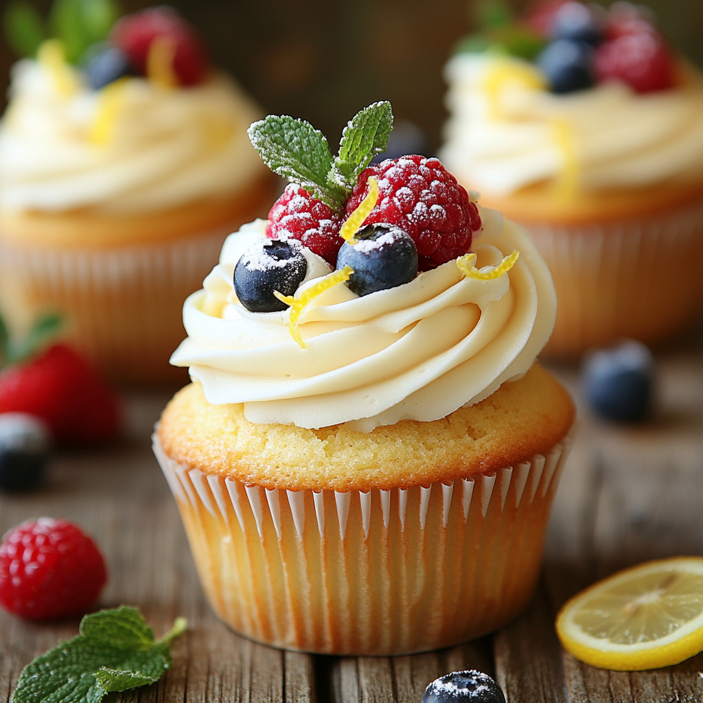 Close-up of Summer Cupcakes topped with fresh berries and lemon zest.