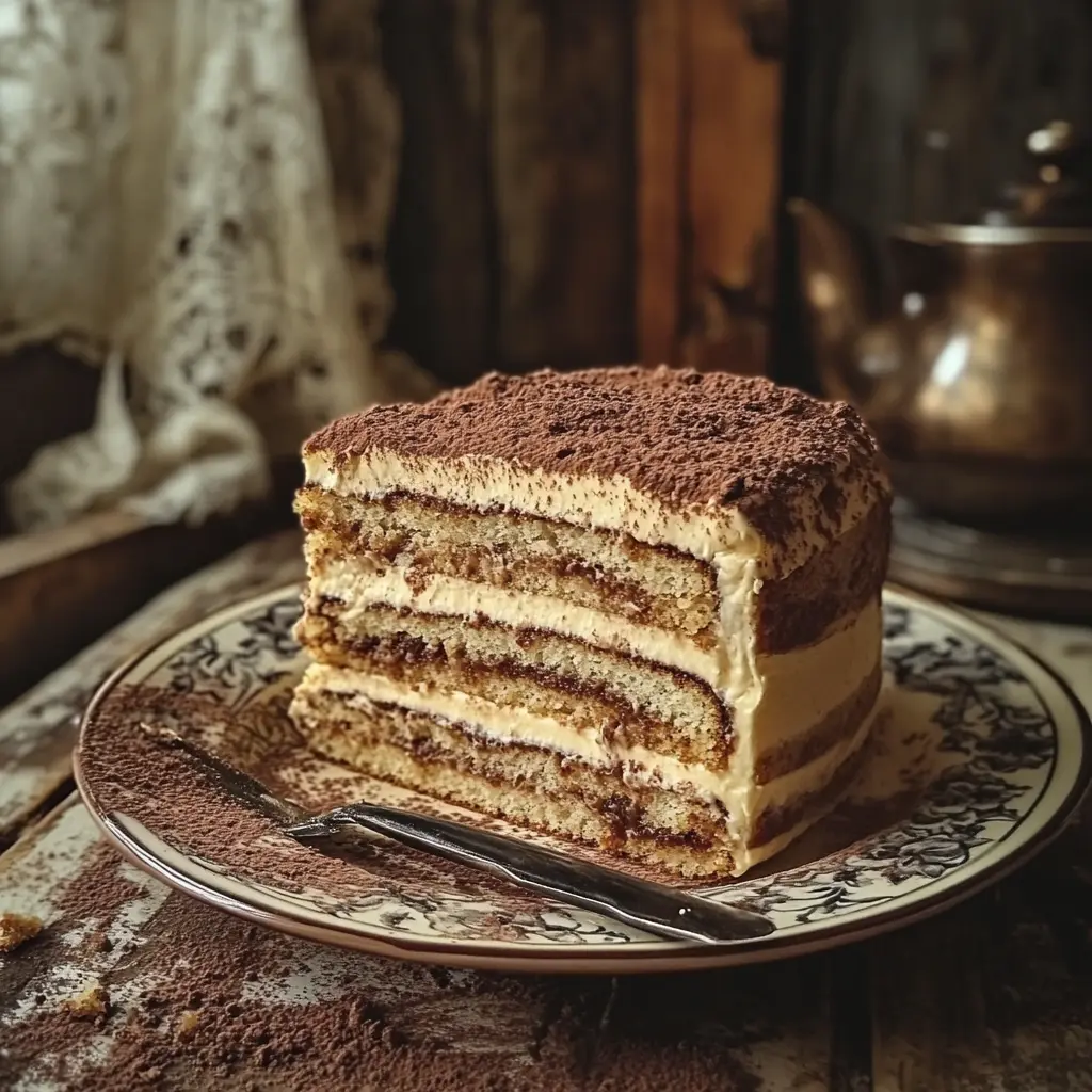 Slice of Tiramisu Cake on a ceramic plate with cocoa dusting