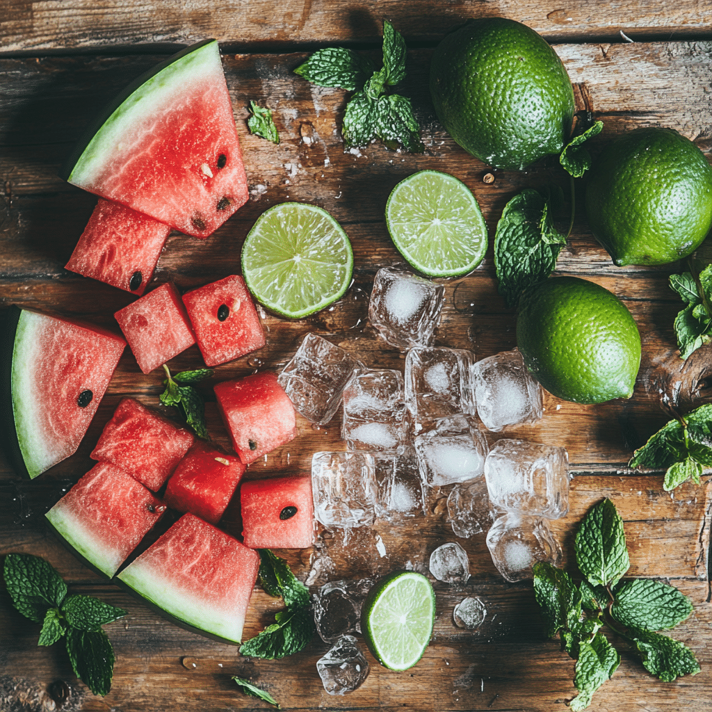 Watermelon Spritz – Ingredients Flat lay of watermelon spritz ingredients on a rustic table