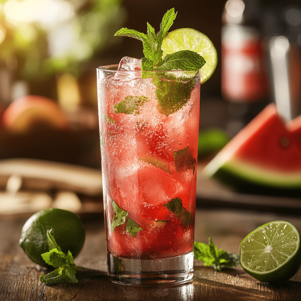 A glass of fresh watermelon spritz with mint and lime