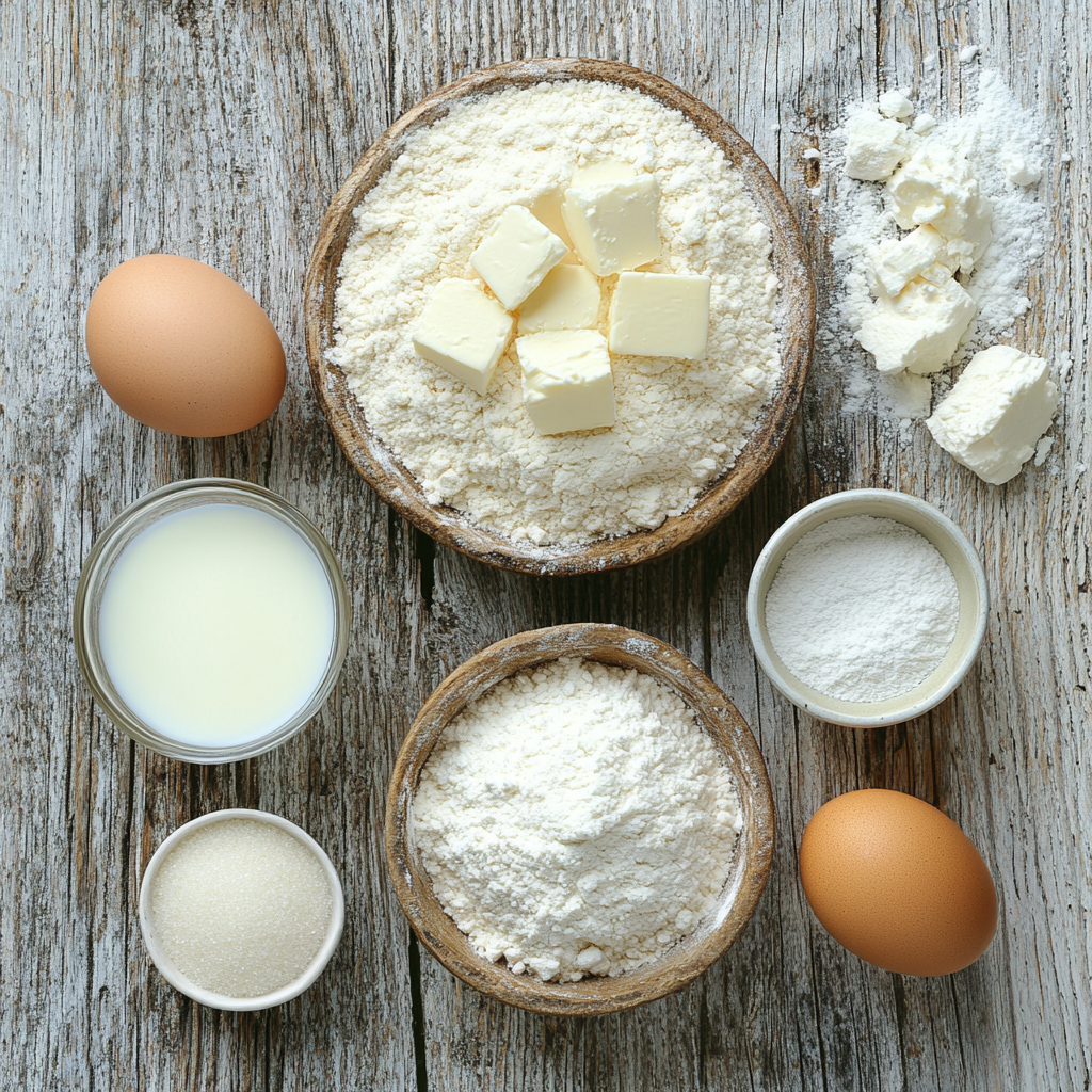 Yogurt-Cake-Ingredients Flat lay of ingredients for Yogurt Cake on a rustic wooden table.