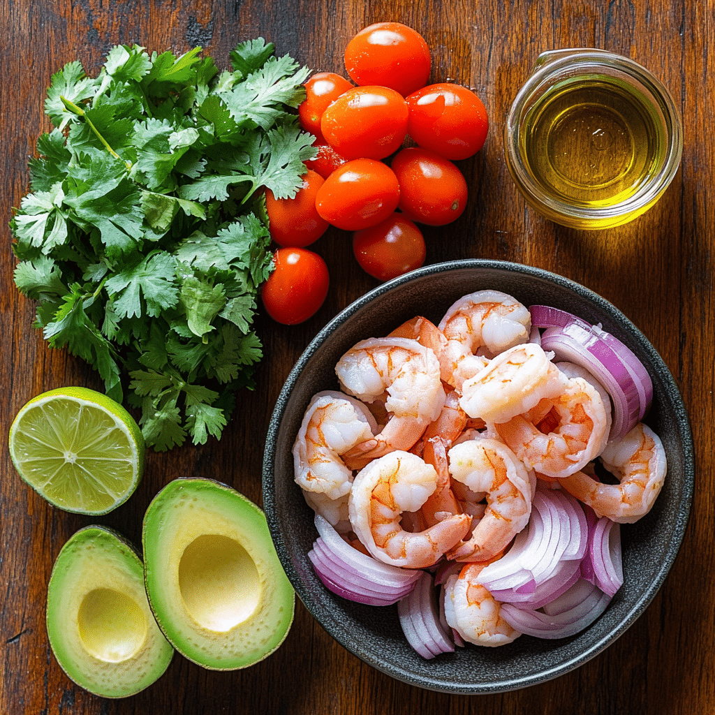Zesty Lime Shrimp and Avocado Salad – Ingredients Fresh ingredients laid out for zesty shrimp and avocado salad