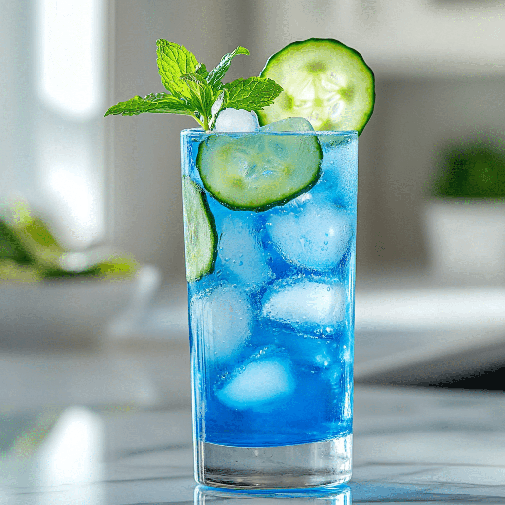 Vibrant blue salt drink with cucumber and mint on a marble counter.
