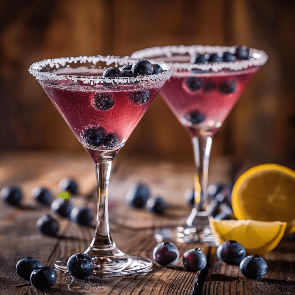 blueberry lemon drop martini featured Close-up of blueberry lemon drop martinis with sugar rims and blueberry garnish.