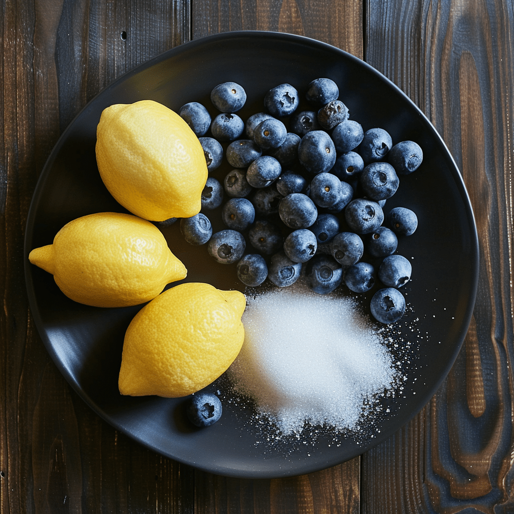 blueberry lemon drop martini ingredients recipe Lemons, blueberries, and granulated sugar on a black plate for a cocktail recipe.