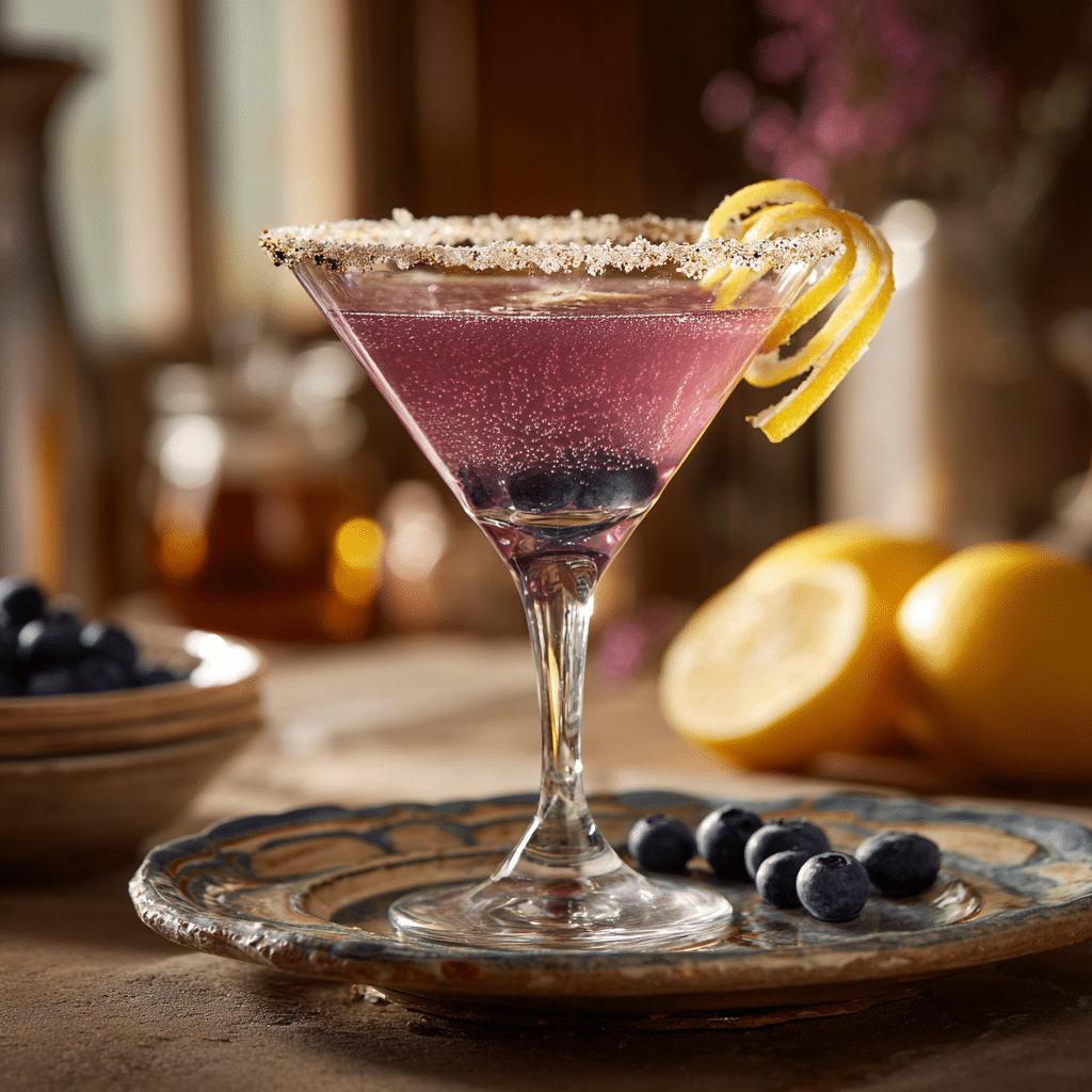 Close-up of a blueberry lemon drop martini with sugared rim and lemon twist