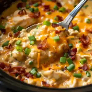 Close-up of slow cooker crack chicken topped with melted cheese, bacon, and green onions