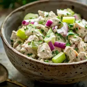 Close-up of creamy chicken salad with celery and red onion in a rustic bowl
