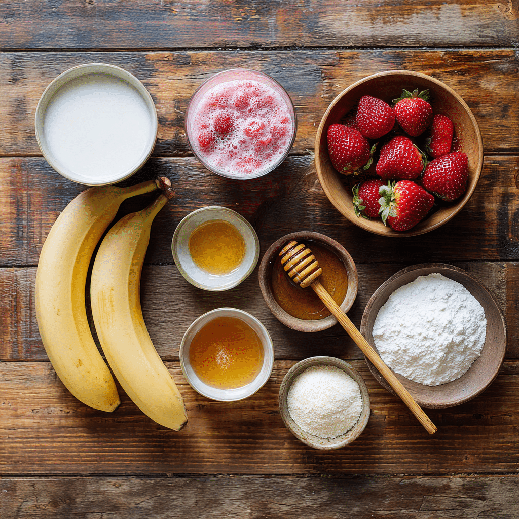 Ingredients for Hailey Bieber smoothie recipe on a wooden table