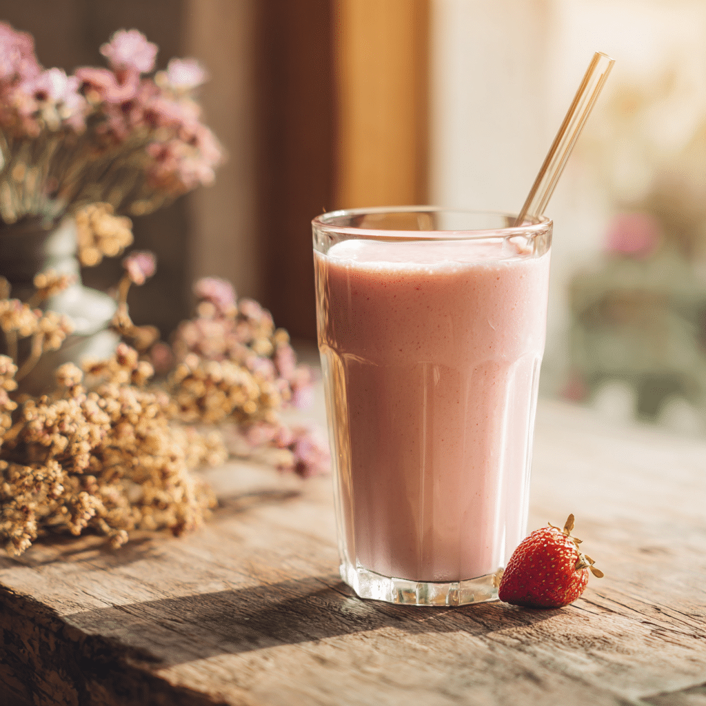 Close-up of Hailey Bieber smoothie recipe in clear glass, creamy pink, wide format