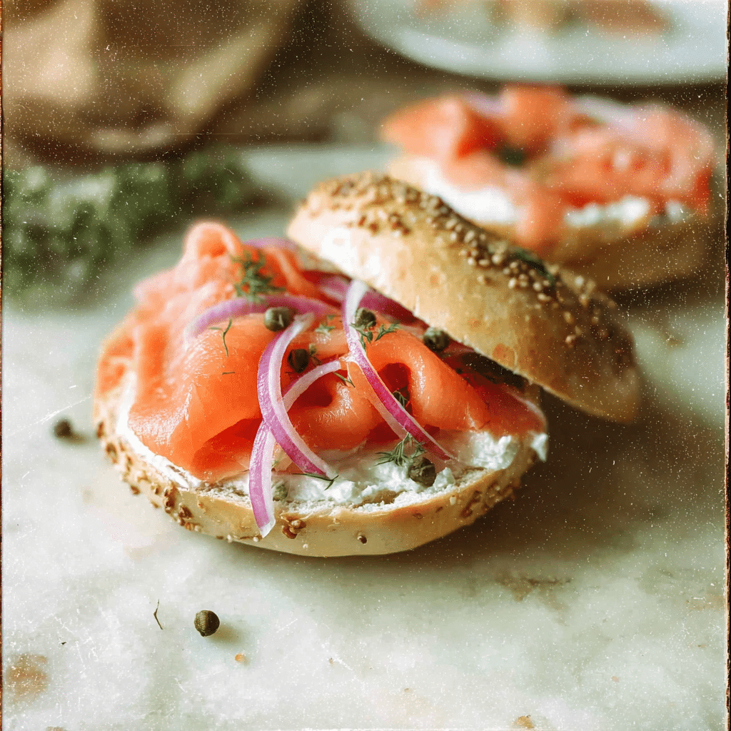 Open-faced bagel with cream cheese, smoked salmon, red onions, capers, and fresh dill.