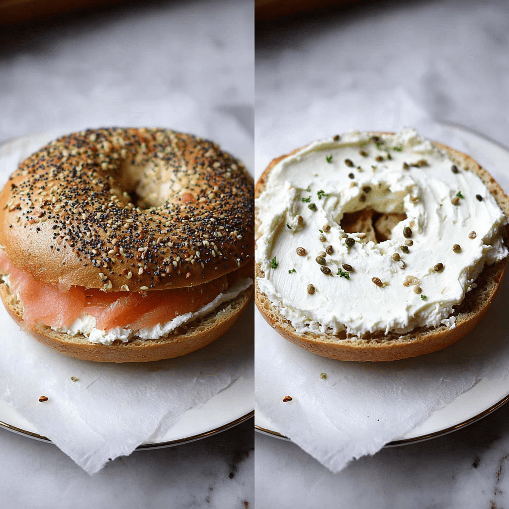 lox bagels instructions Everything bagel with cream cheese and smoked salmon, side-by-side with a bagel half spread with cream cheese and herbs.