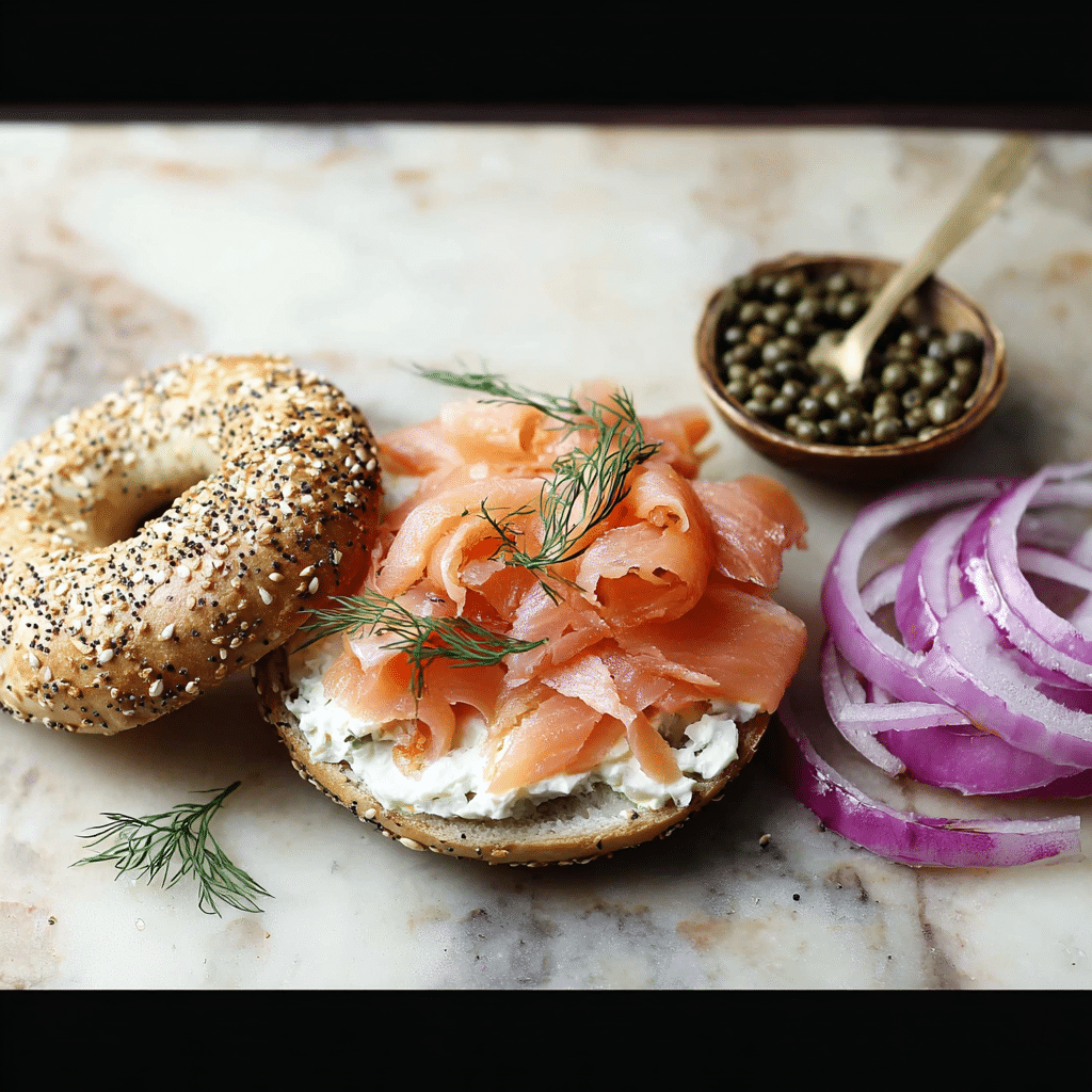 lox bagels serving Bagel with cream cheese and smoked salmon served with capers, dill, and sliced red onion.