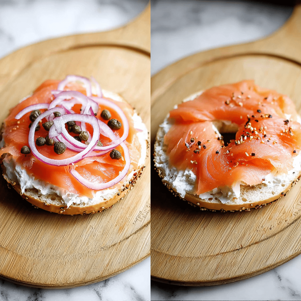 lox bagels steps Side-by-side of two open-faced bagels with smoked salmon, cream cheese, red onions, and capers.
