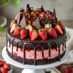 Whole chocolate and strawberry layer cake topped with ganache and fresh strawberries.