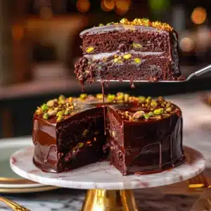 A slice of Dubai chocolate cake with pistachio and gold leaf on a dessert plate.