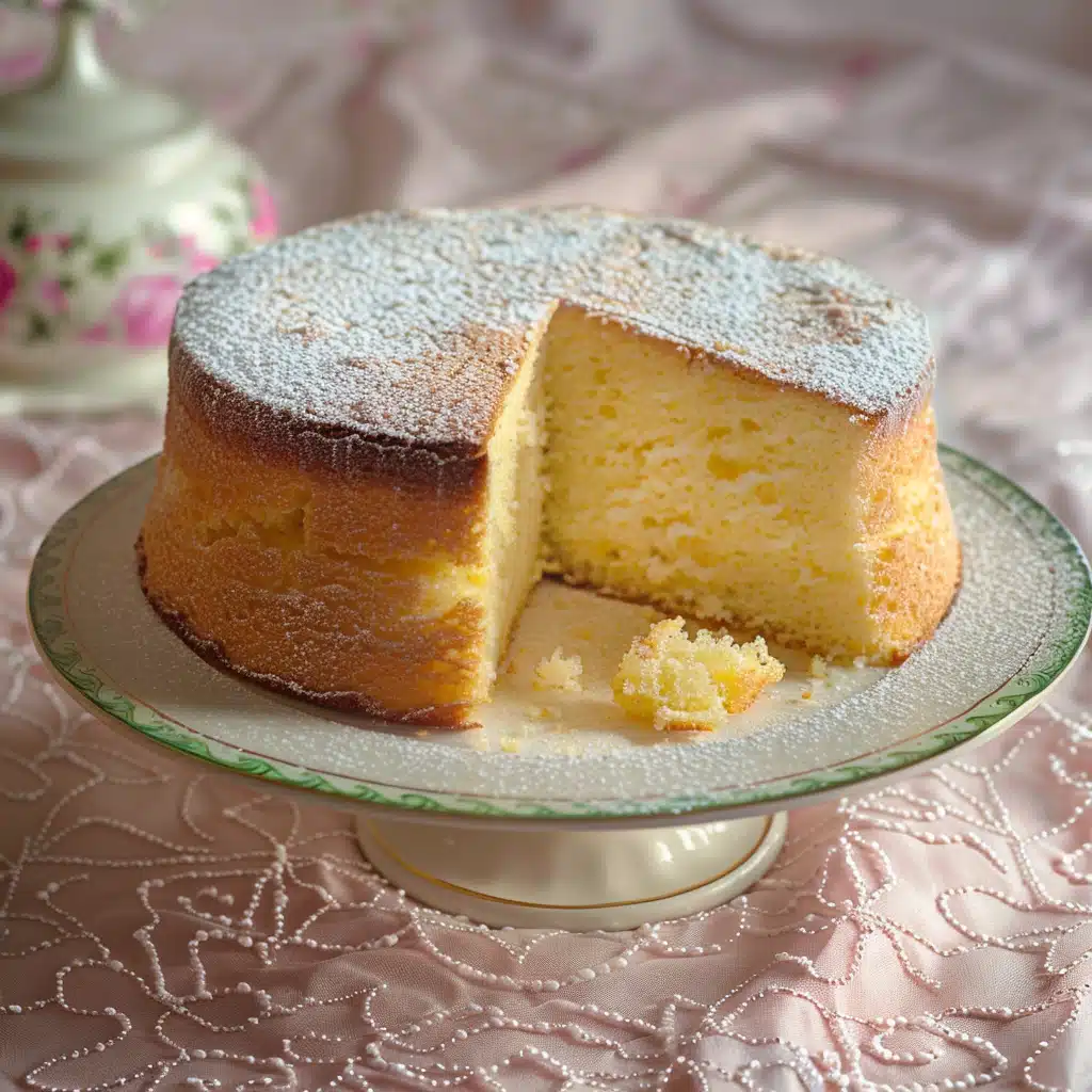 A golden sponge cake with a slice cut out, dusted with powdered sugar, served on a white plate over a pink embroidered tablecloth.