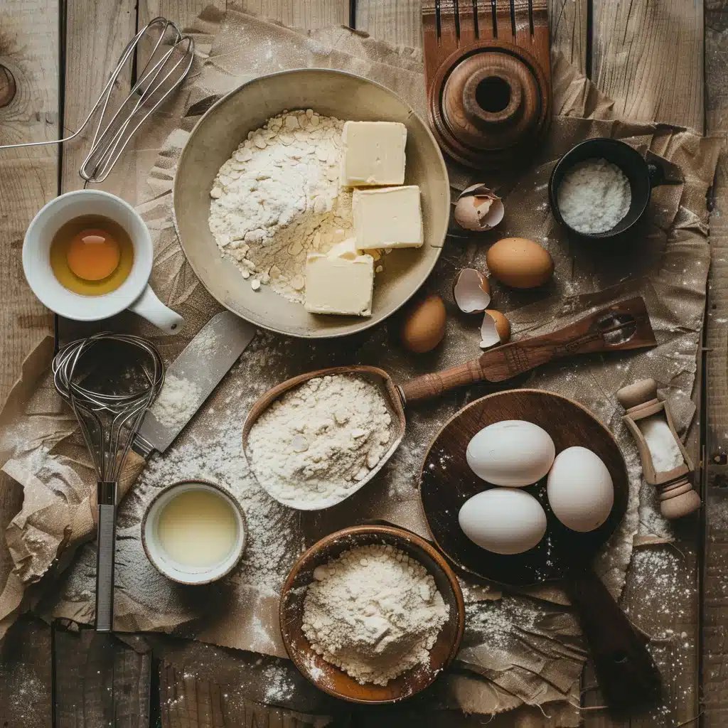 Flat lay of cake baking ingredients on rustic table