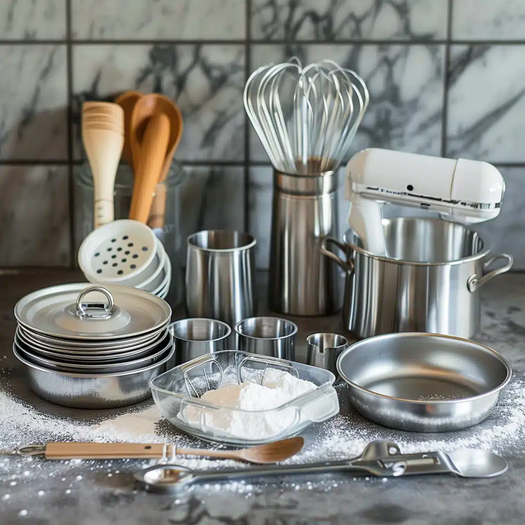 Tools for cake baking on a kitchen counter with natural light