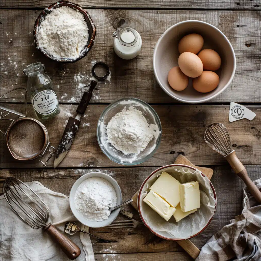 Square flat lay of ingredients for whipped cream cake on rustic wood table
