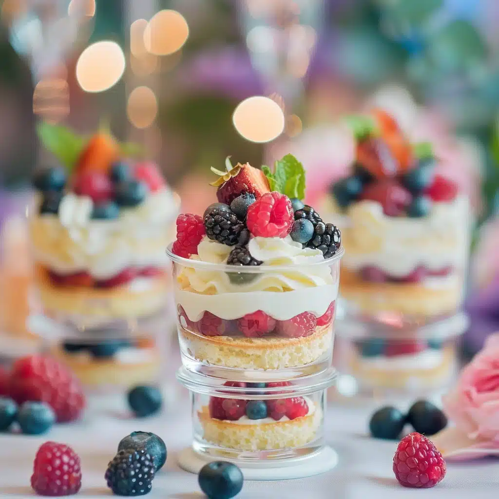 Square image of mini whipped cream cakes in clear glass cups with berries