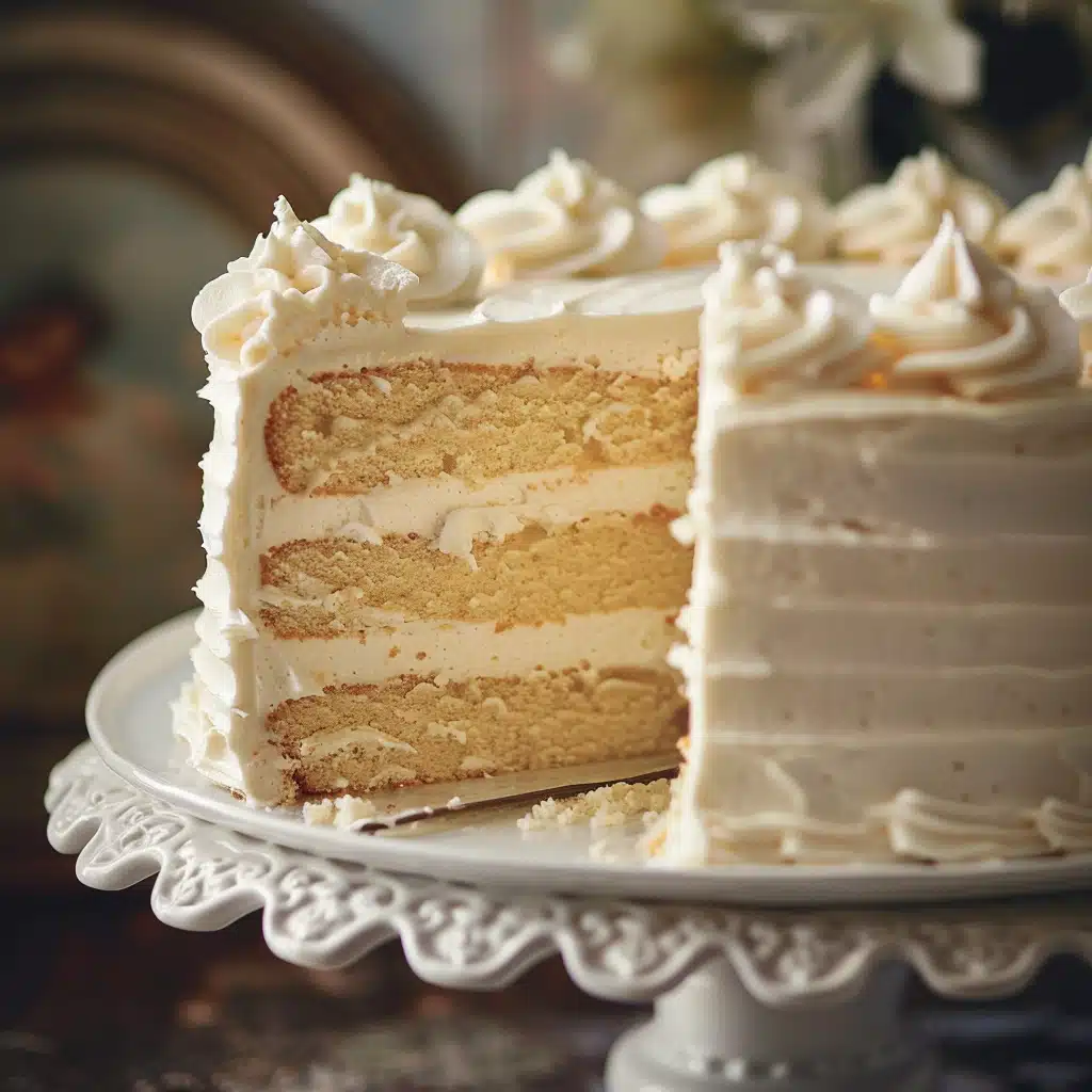 Square image of whipped cream cake from Rosemary’s Bakery on a vintage stand